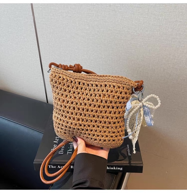 Pearl Charm Crochet Handbag – Handmade-Style Woven Shoulder Tote with Brown Handles