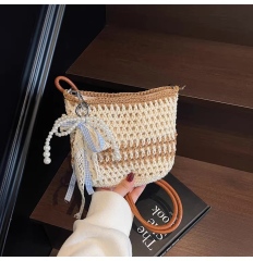 Pearl Charm Crochet Handbag – Handmade-Style Woven Shoulder Tote with Brown Handles