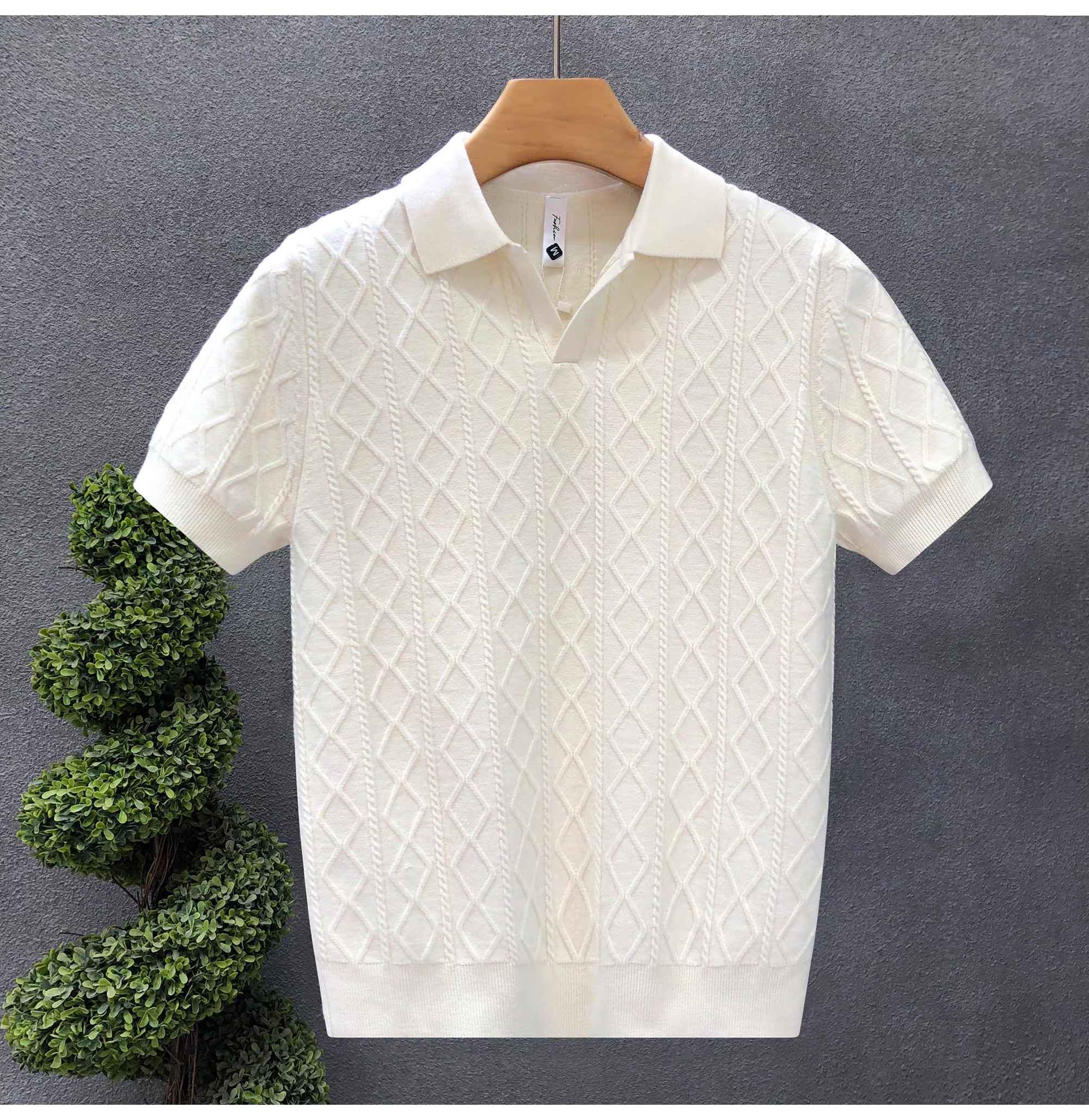 Men’s White Cable-Knit Short Sleeve Polo Shirt – Textured Diamond Pattern Knit Top