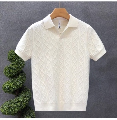 Men’s White Cable-Knit Short Sleeve Polo Shirt – Textured Diamond Pattern Knit Top