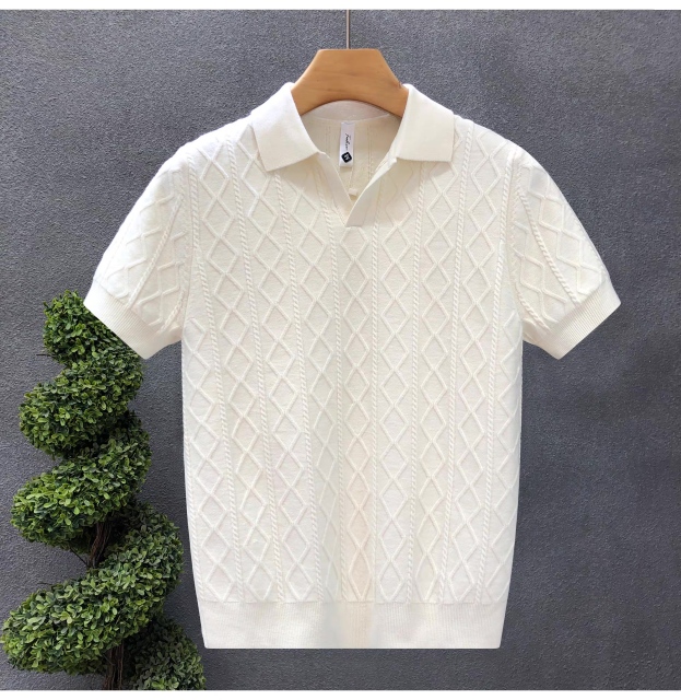 Men’s White Cable-Knit Short Sleeve Polo Shirt – Textured Diamond Pattern Knit Top