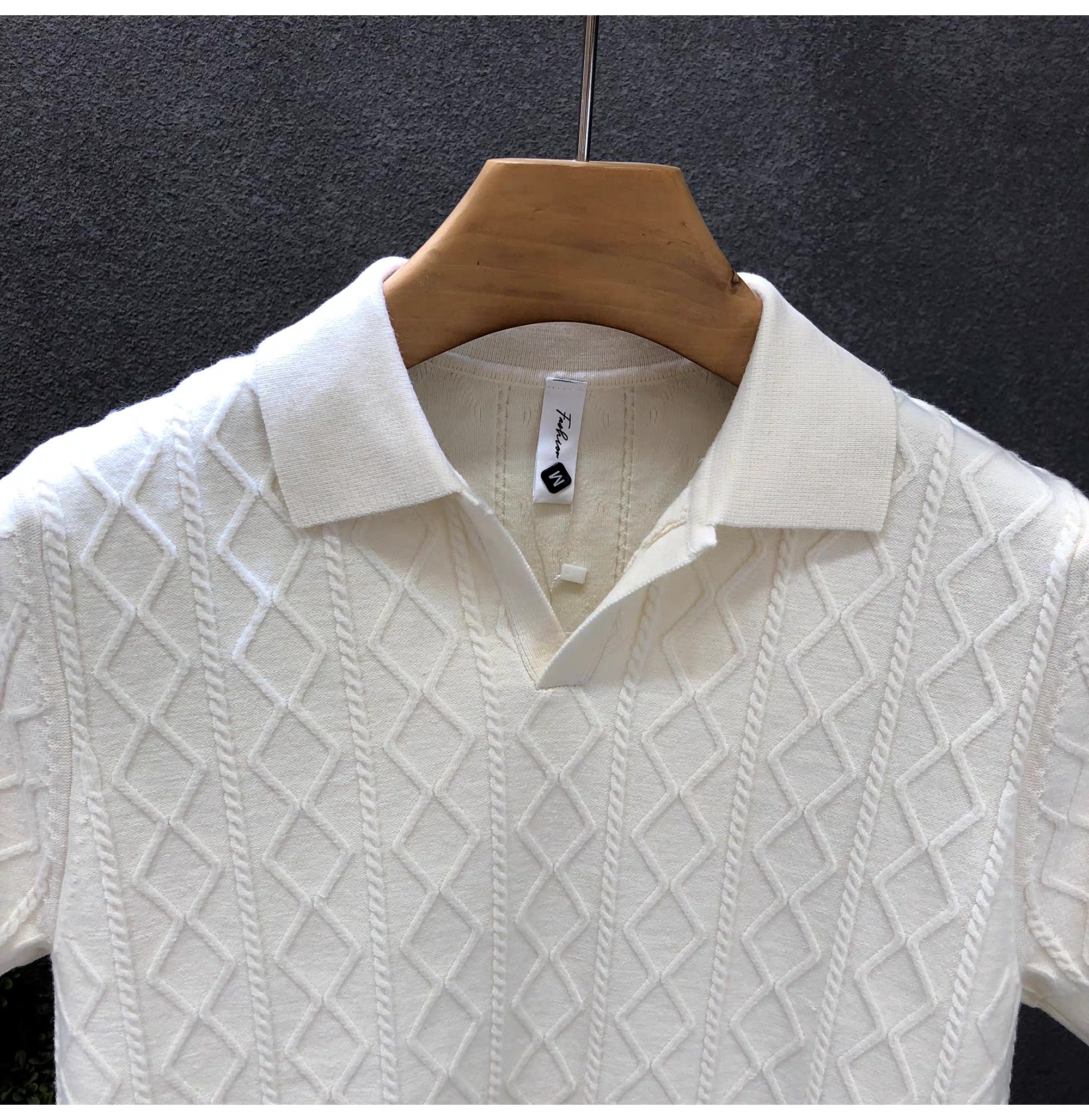 Men’s White Cable-Knit Short Sleeve Polo Shirt – Textured Diamond Pattern Knit Top