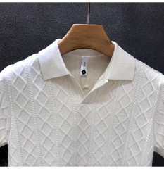 Men’s White Cable-Knit Short Sleeve Polo Shirt – Textured Diamond Pattern Knit Top