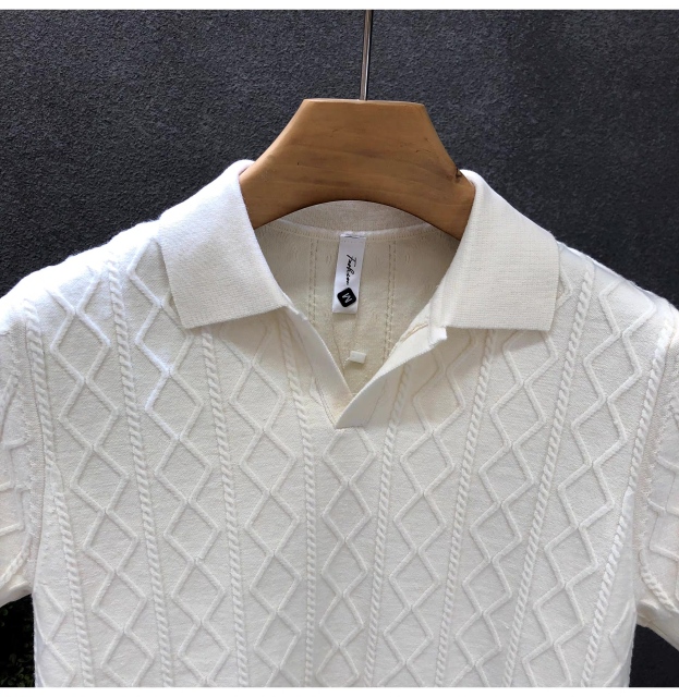 Men’s White Cable-Knit Short Sleeve Polo Shirt – Textured Diamond Pattern Knit Top