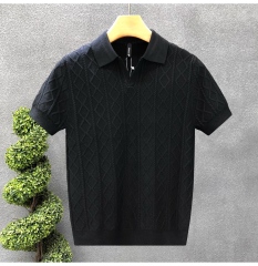 Men’s White Cable-Knit Short Sleeve Polo Shirt – Textured Diamond Pattern Knit Top