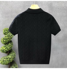Men’s White Cable-Knit Short Sleeve Polo Shirt – Textured Diamond Pattern Knit Top
