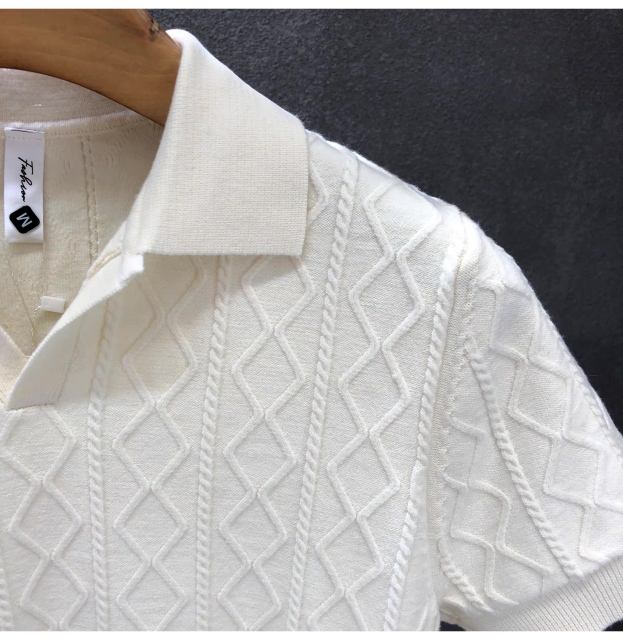 Men’s White Cable-Knit Short Sleeve Polo Shirt – Textured Diamond Pattern Knit Top