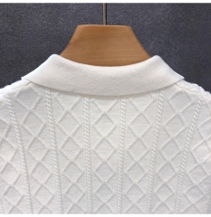 Men’s White Cable-Knit Short Sleeve Polo Shirt – Textured Diamond Pattern Knit Top