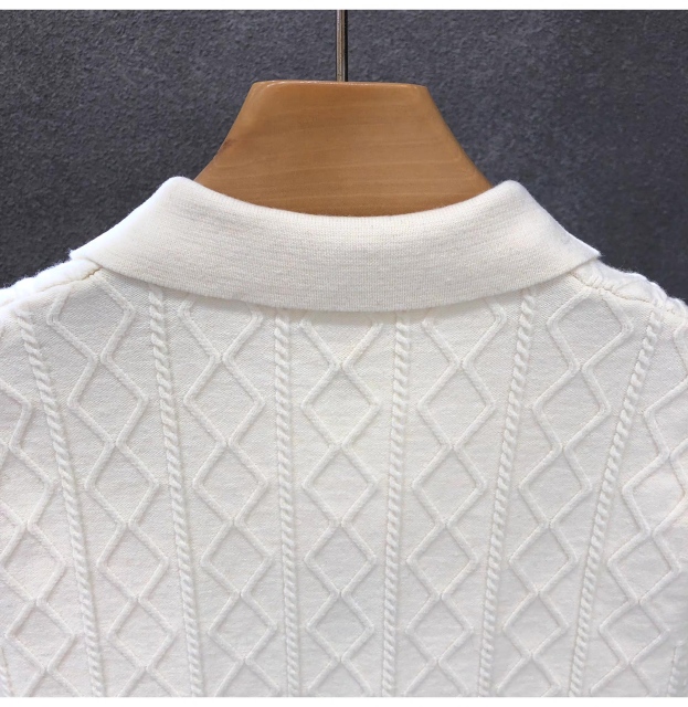 Men’s White Cable-Knit Short Sleeve Polo Shirt – Textured Diamond Pattern Knit Top