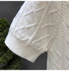 Men’s White Cable-Knit Short Sleeve Polo Shirt – Textured Diamond Pattern Knit Top