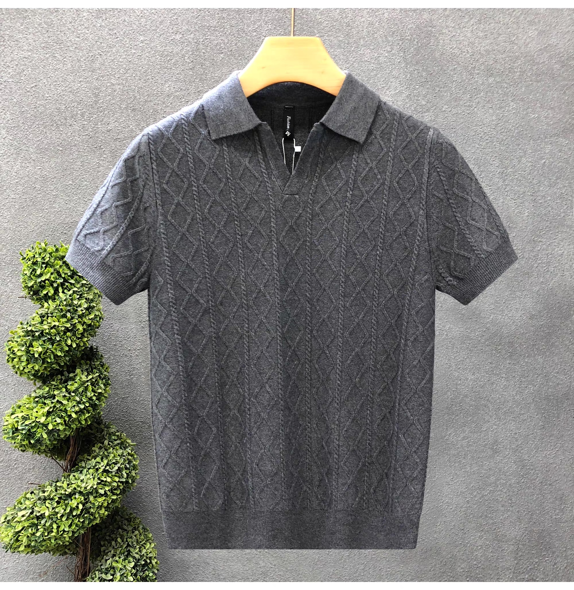 Men’s White Cable-Knit Short Sleeve Polo Shirt – Textured Diamond Pattern Knit Top