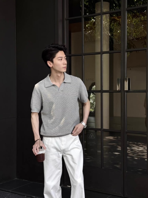 Men’s Grey Textured Knit Short Sleeve Polo Shirt