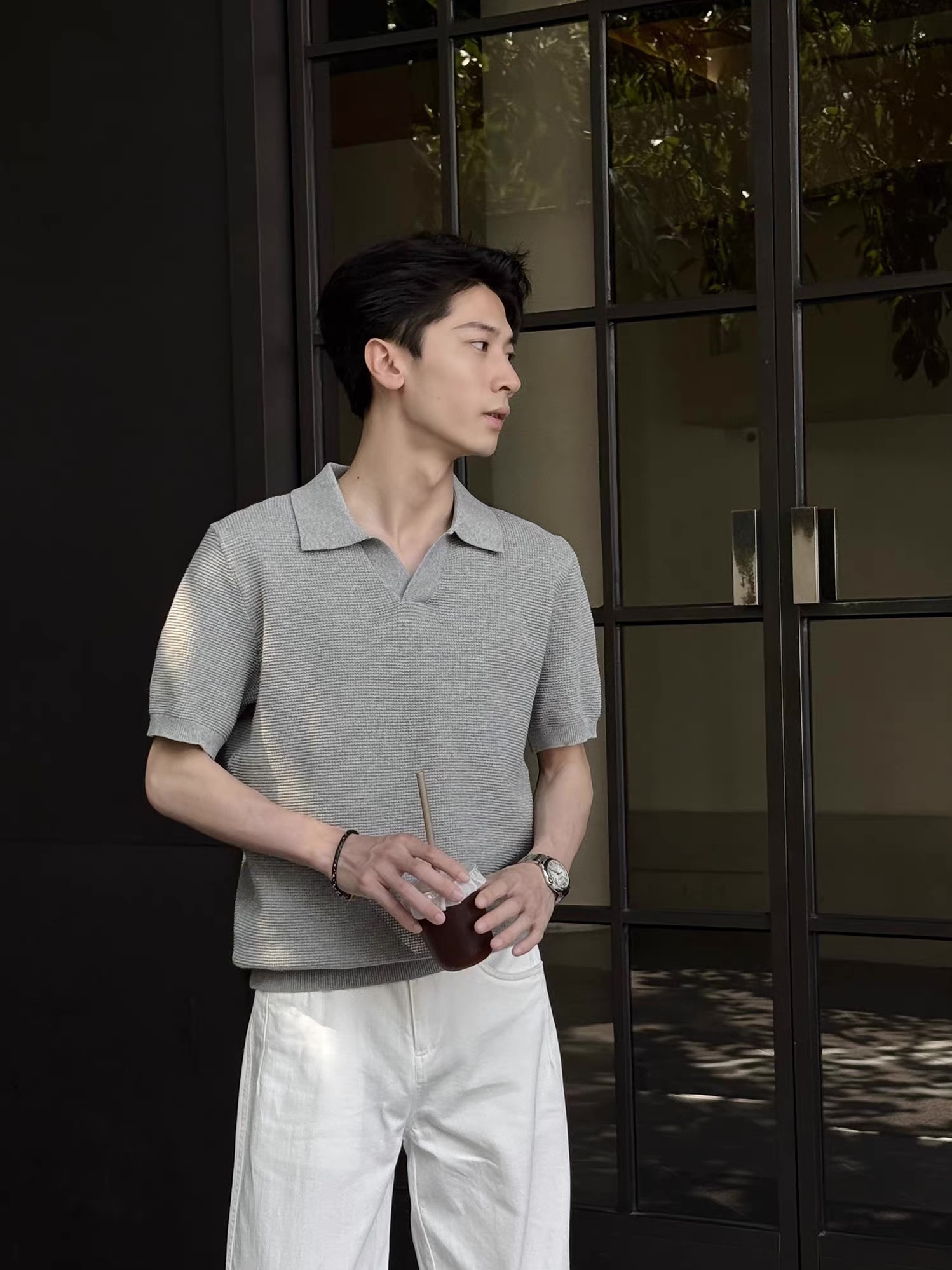 Men’s Grey Textured Knit Short Sleeve Polo Shirt