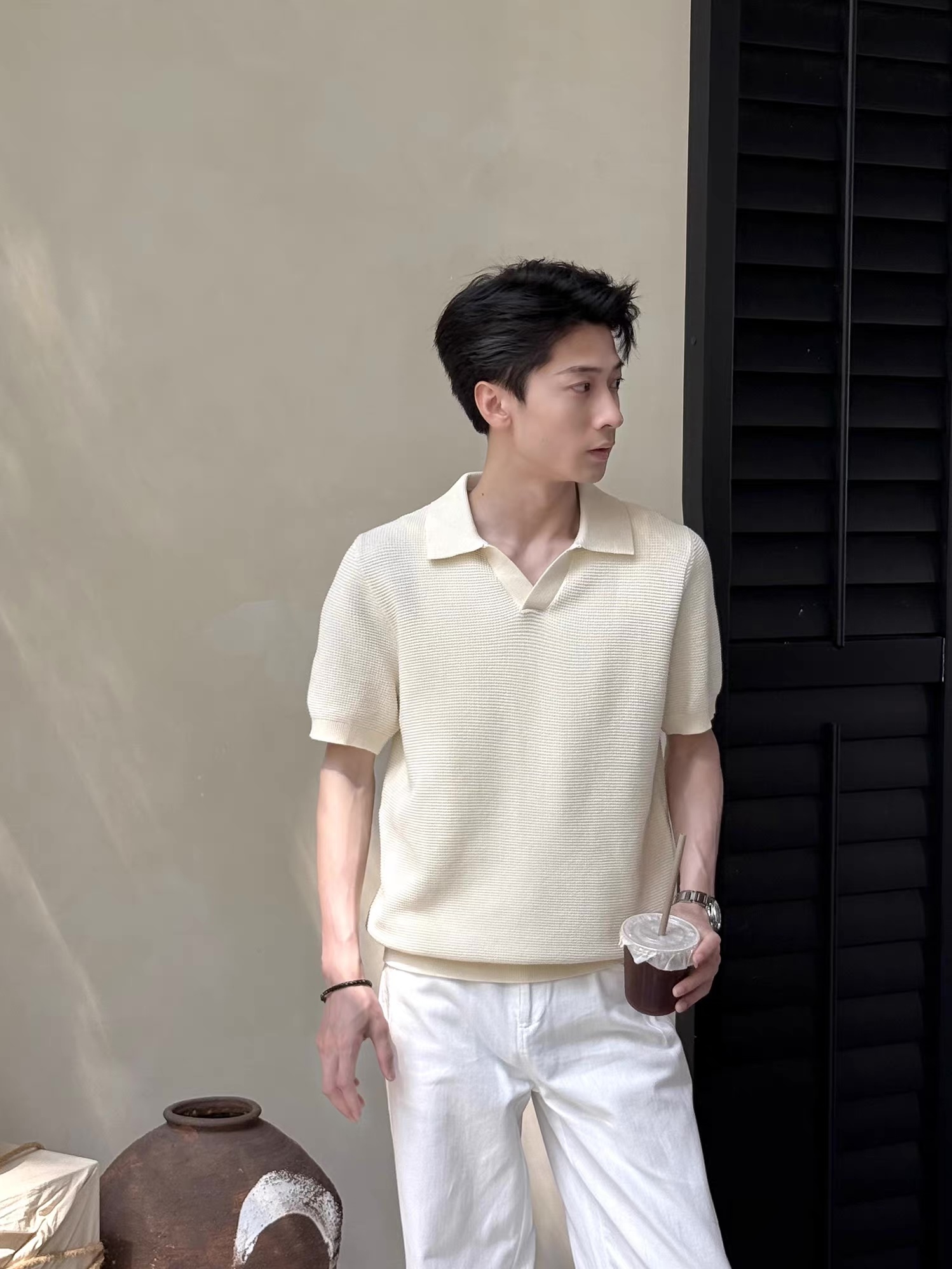 Men’s Grey Textured Knit Short Sleeve Polo Shirt