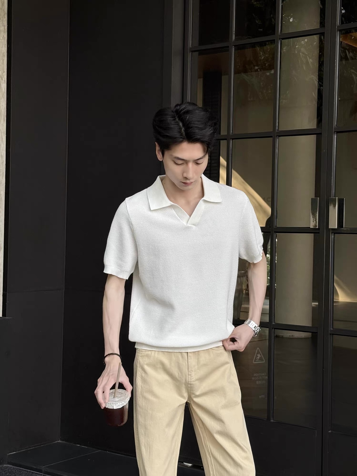 Men’s Grey Textured Knit Short Sleeve Polo Shirt