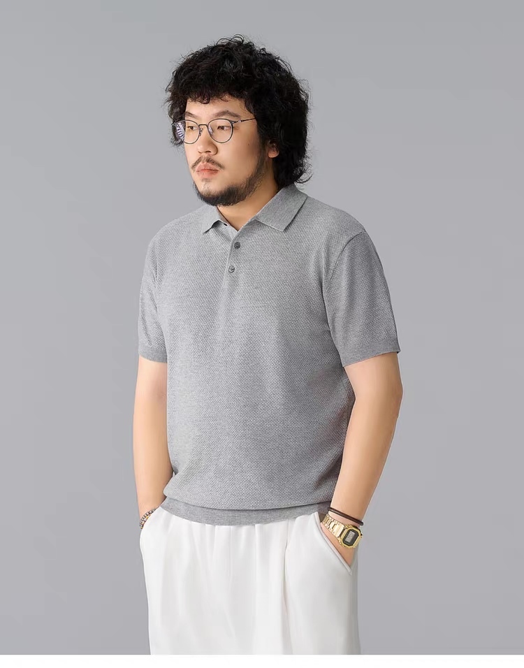 Men’s Relaxed Fit Textured Knit Polo Shirt – Short Sleeve Casual Grey Polo