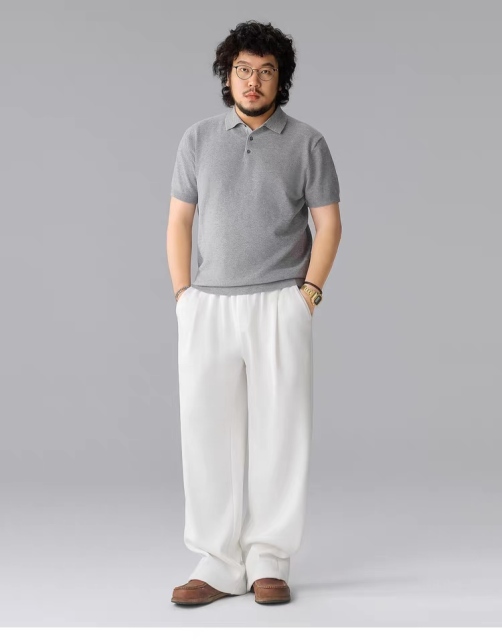 Men’s Relaxed Fit Textured Knit Polo Shirt – Short Sleeve Casual Grey Polo