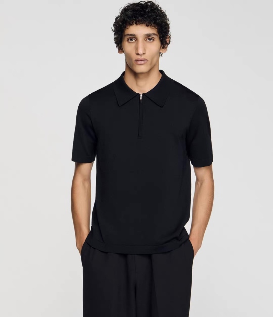 Men’s Black Zip-Neck Short Sleeve Polo Shirt – Minimalist Smart Casual Polo