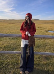 Vintage Red Lace-Trim Knit Sweater
