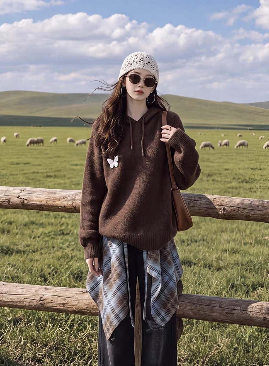 Brown Butterfly Hooded Knit Sweater