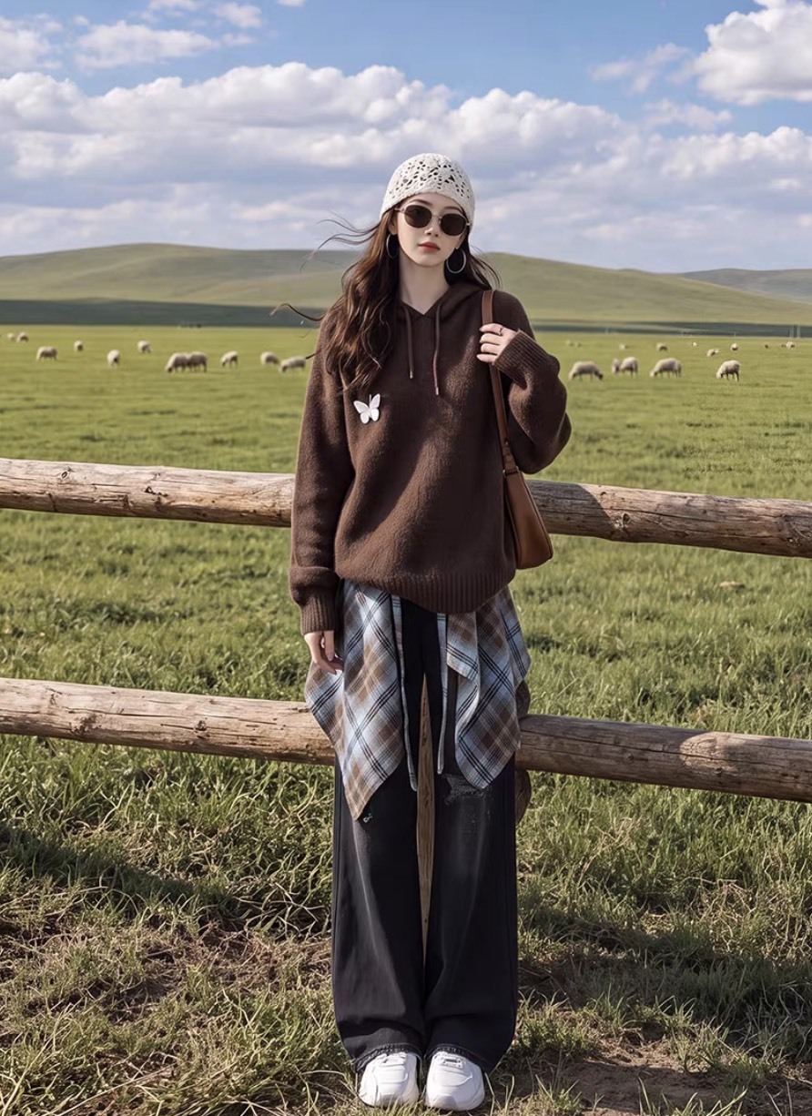 Brown Butterfly Hooded Knit Sweater