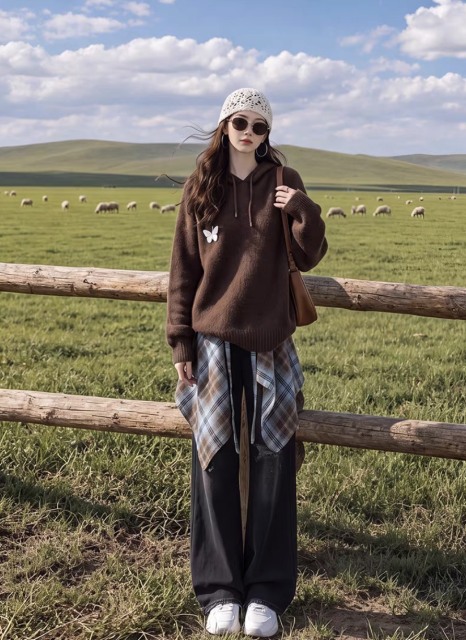 Brown Butterfly Hooded Knit Sweater