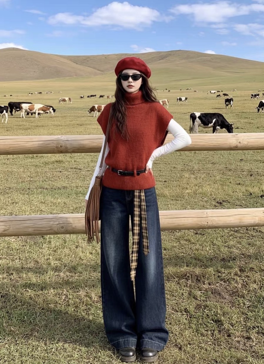 Rust Red Turtleneck Cap-Sleeve Knit Sweater