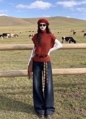 Rust Red Turtleneck Cap-Sleeve Knit Sweater