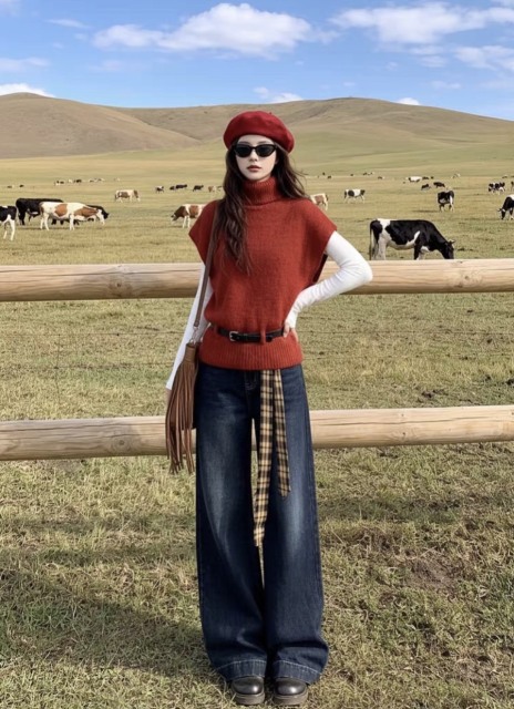 Rust Red Turtleneck Cap-Sleeve Knit Sweater