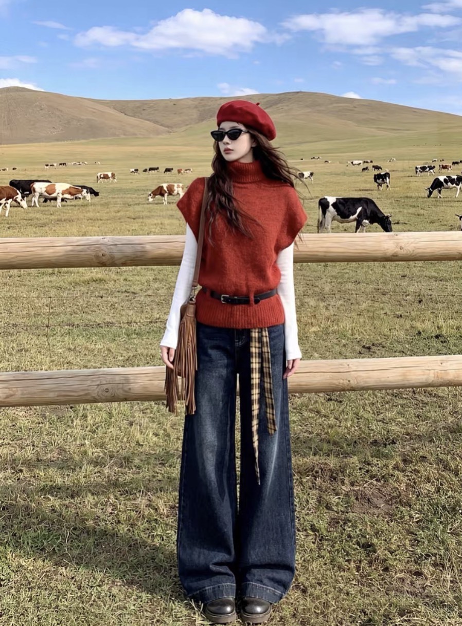 Rust Red Turtleneck Cap-Sleeve Knit Sweater
