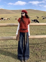 Rust Red Turtleneck Cap-Sleeve Knit Sweater