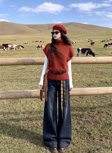 Rust Red Turtleneck Cap-Sleeve Knit Sweater