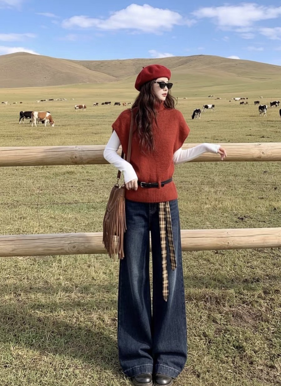 Rust Red Turtleneck Cap-Sleeve Knit Sweater
