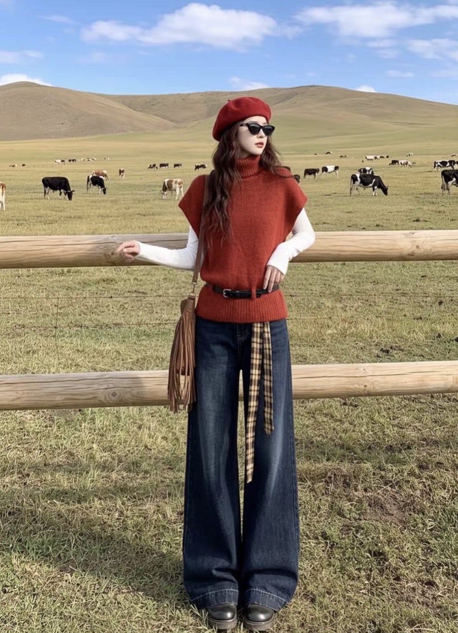 Rust Red Turtleneck Cap-Sleeve Knit Sweater