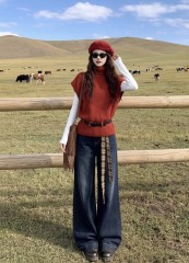 Rust Red Turtleneck Cap-Sleeve Knit Sweater