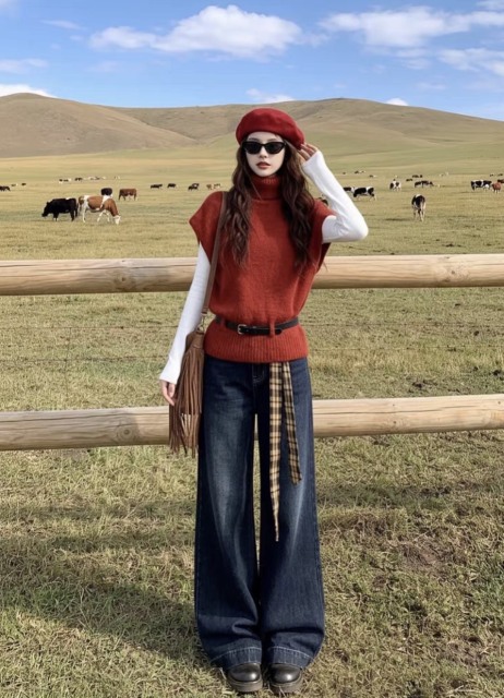 Rust Red Turtleneck Cap-Sleeve Knit Sweater