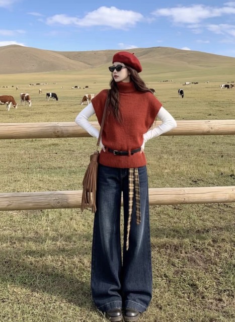Rust Red Turtleneck Cap-Sleeve Knit Sweater