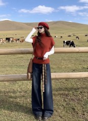 Rust Red Turtleneck Cap-Sleeve Knit Sweater