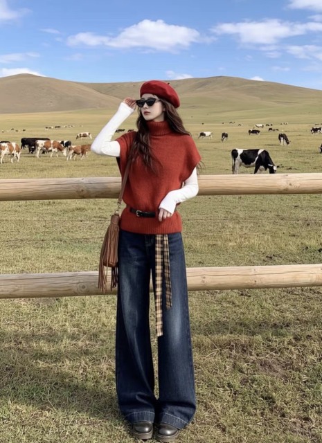 Rust Red Turtleneck Cap-Sleeve Knit Sweater