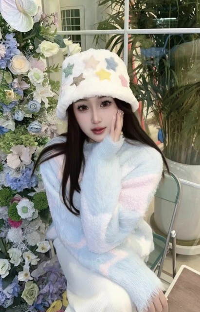 Women’s Fluffy Star Pattern Oversized Sweater – Soft Blue Fuzzy Knit Pullover Top