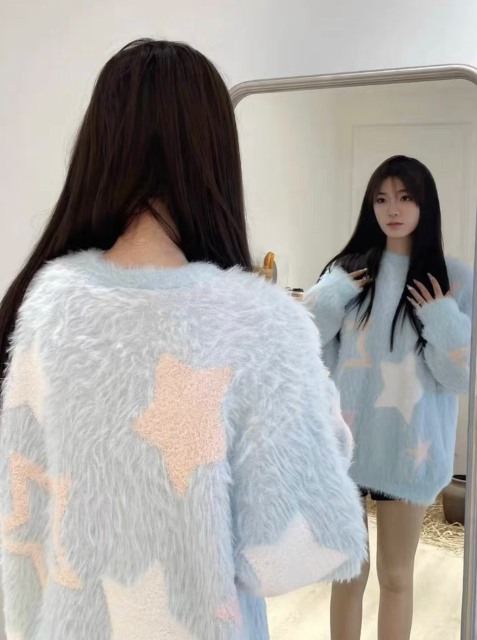 Women’s Fluffy Star Pattern Oversized Sweater – Soft Blue Fuzzy Knit Pullover Top