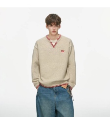 Men's Vintage Beige Knit Sweater with Red Contrast Stitching – Relaxed Fit V-Neck Detail Pullover