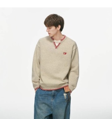 Men's Vintage Beige Knit Sweater with Red Contrast Stitching – Relaxed Fit V-Neck Detail Pullover