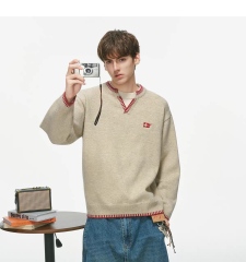 Men's Vintage Beige Knit Sweater with Red Contrast Stitching – Relaxed Fit V-Neck Detail Pullover