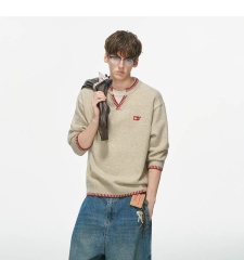Men's Vintage Beige Knit Sweater with Red Contrast Stitching – Relaxed Fit V-Neck Detail Pullover