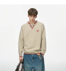 Men's Vintage Beige Knit Sweater with Red Contrast Stitching – Relaxed Fit V-Neck Detail Pullover