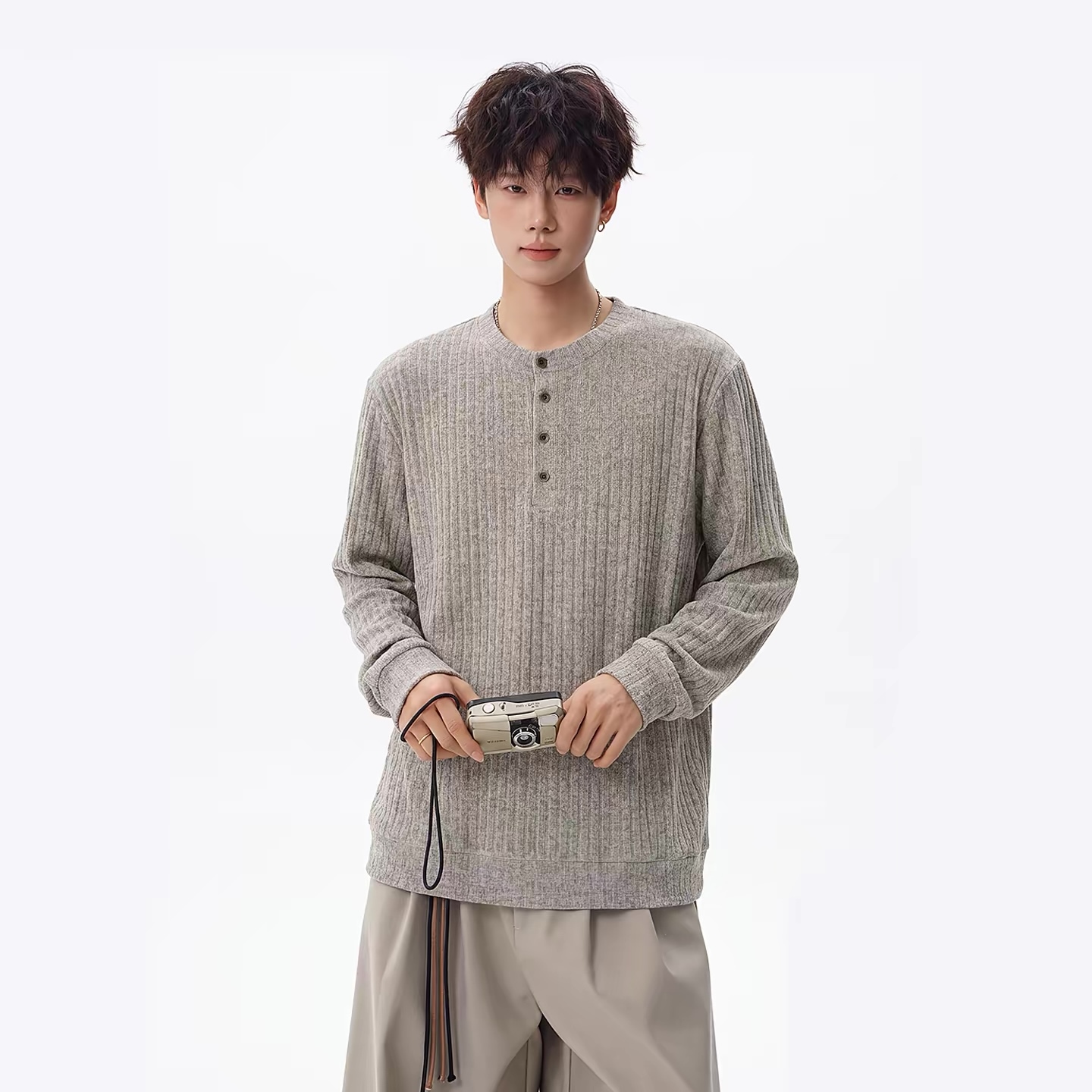 Men’s Charcoal Ribbed Henley Long Sleeve Knit Shirt