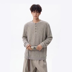 Men’s Charcoal Ribbed Henley Long Sleeve Knit Shirt