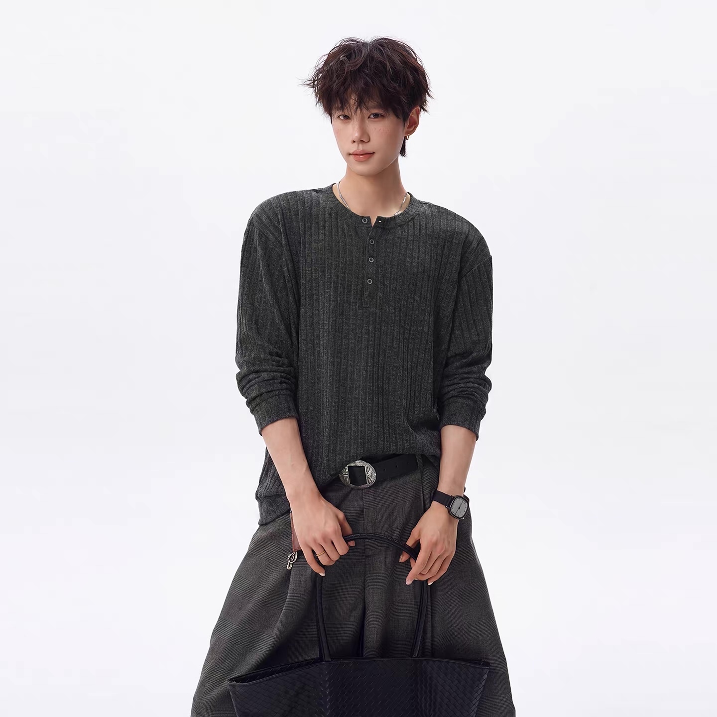 Men’s Charcoal Ribbed Henley Long Sleeve Knit Shirt
