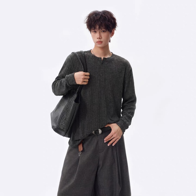Men’s Charcoal Ribbed Henley Long Sleeve Knit Shirt